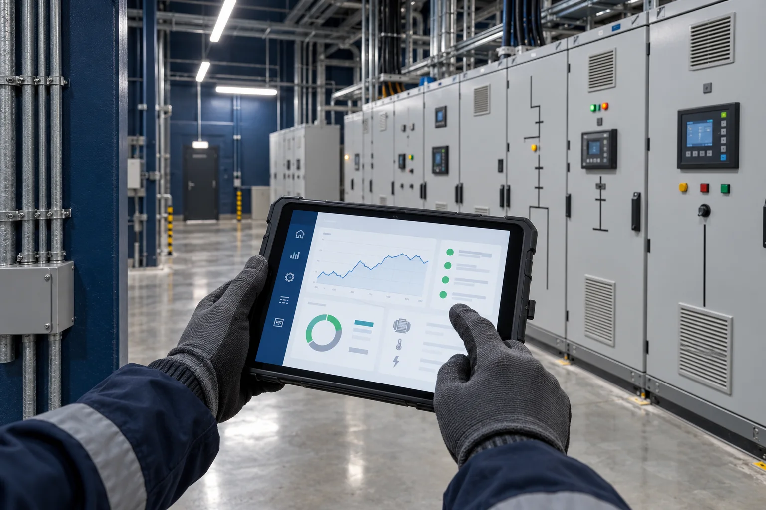 Ilustración editorial de registro digital de inspección en una sala eléctrica