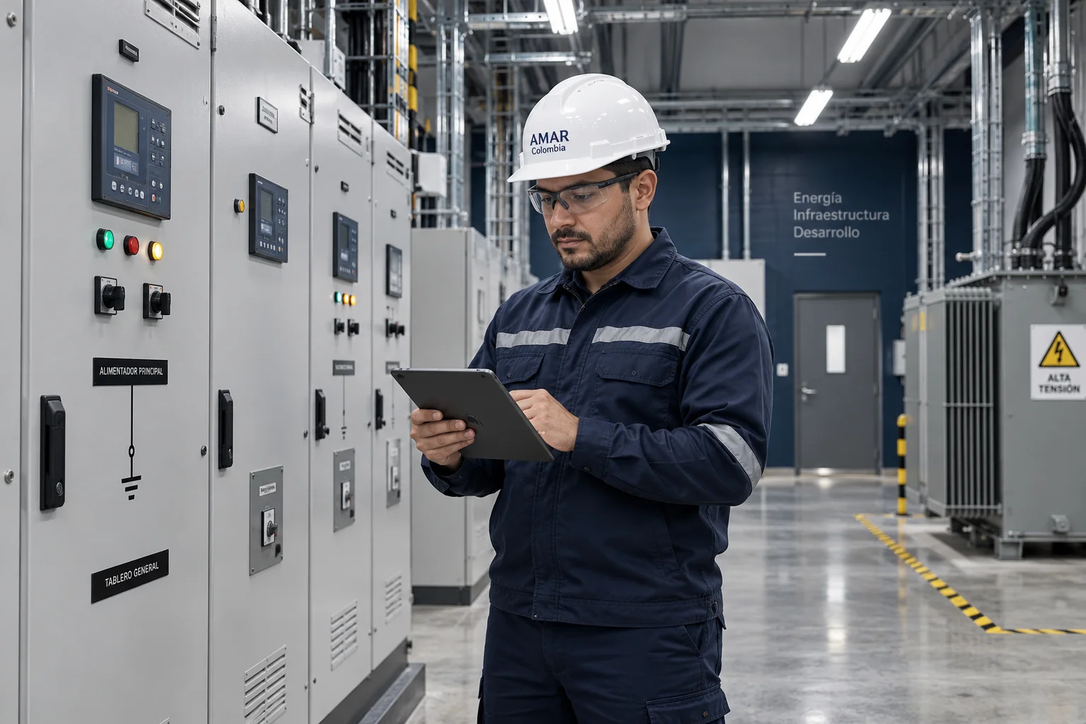 Ilustración de un profesional documentando una inspección frente a tableros cerrados en una sala eléctrica