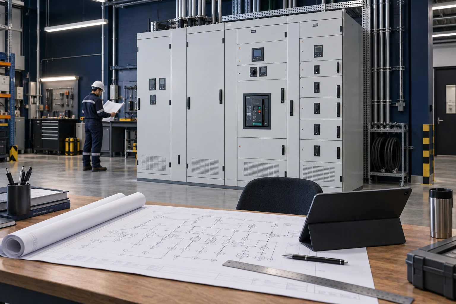 Planos de ingeniería frente a tableros cerrados en una sala industrial ilustrativa